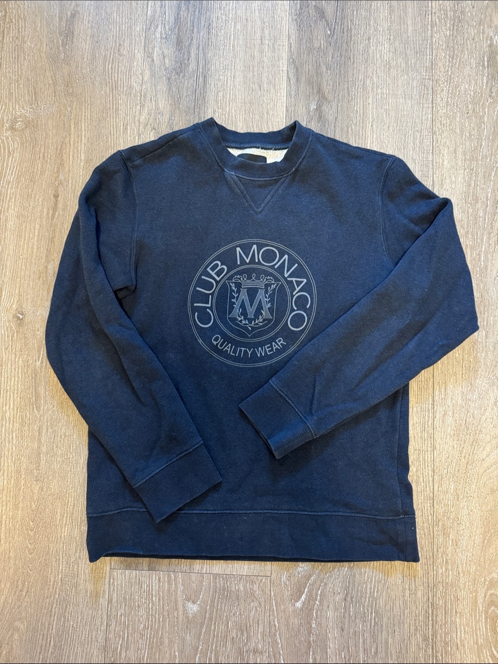 Club Monaco Heritage Crest Collection Navy Crewneck with Embossed Crest